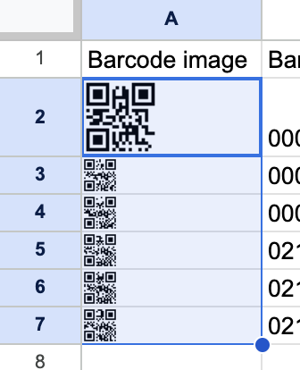 Copy the formula to all cells in the ‘Barcode image’ column