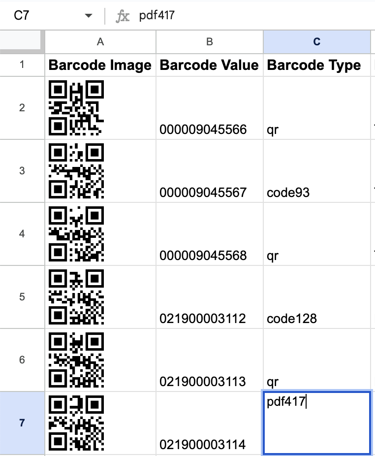Enter the barcode type for each row 