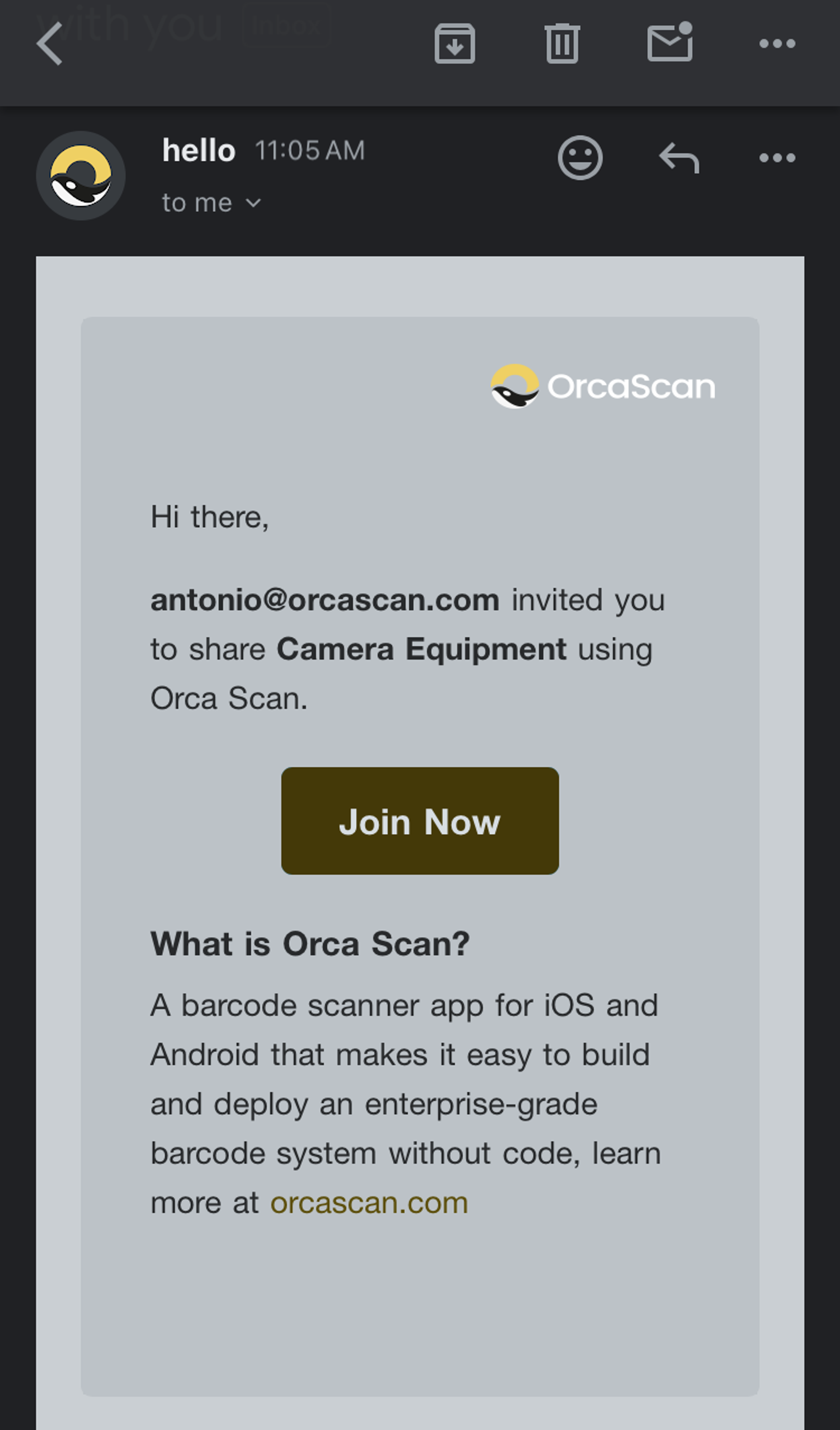 Example of an Orca Scan email when you’ve been added to a sheet