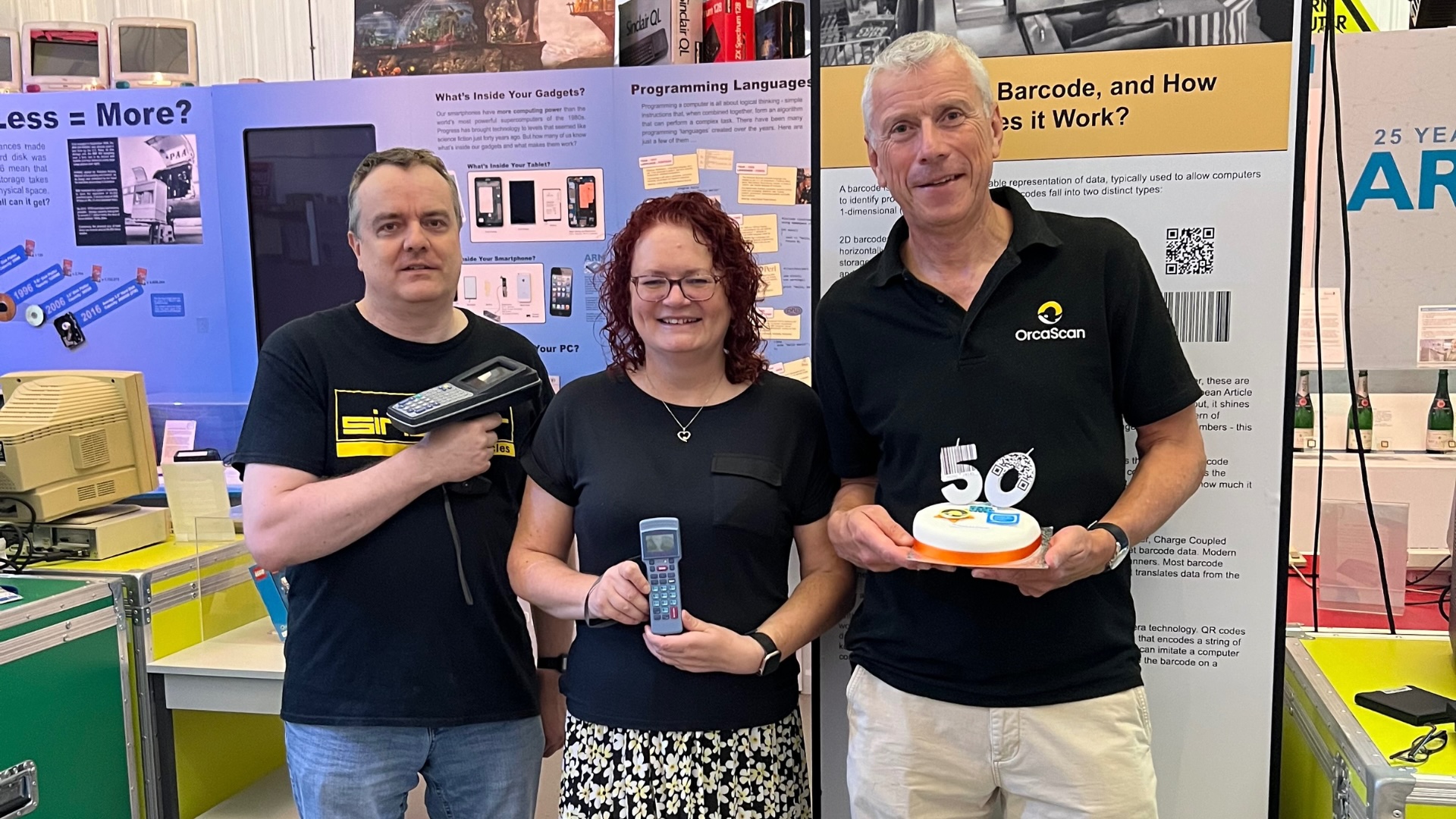 Left to Right: Adrian Page-Mitchell, Collections and Volunteer Coordinator at The Centre for Computing History; Lisa McGerty, CEO at The Centre for Computing History; and Tim Hill celebrating our new exhibition.