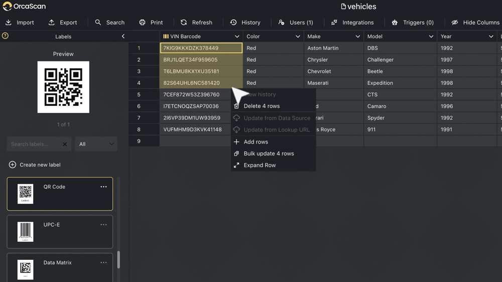 Animation showing bulk updating records from the Orca Scan web application