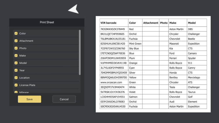 Animation showing hiding columns when printing a sheet in the web-app