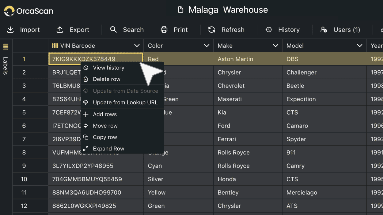 Animation showing moving rows between sheets in Orca Scan