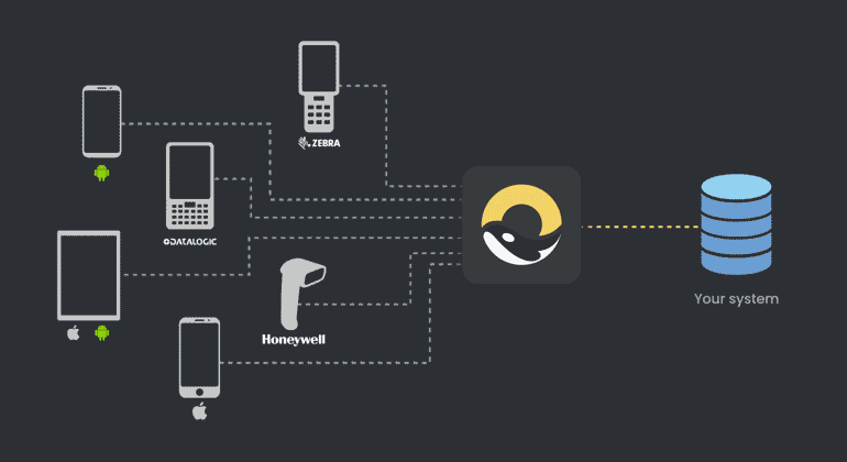 Animation showing multiple devices interacting with the Orca Scan API