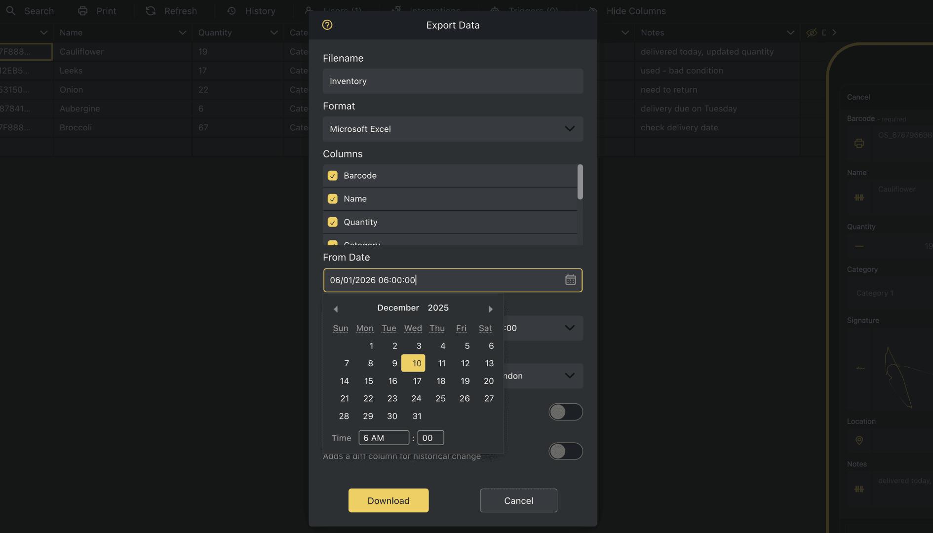 Choose the date and time you want to export data from