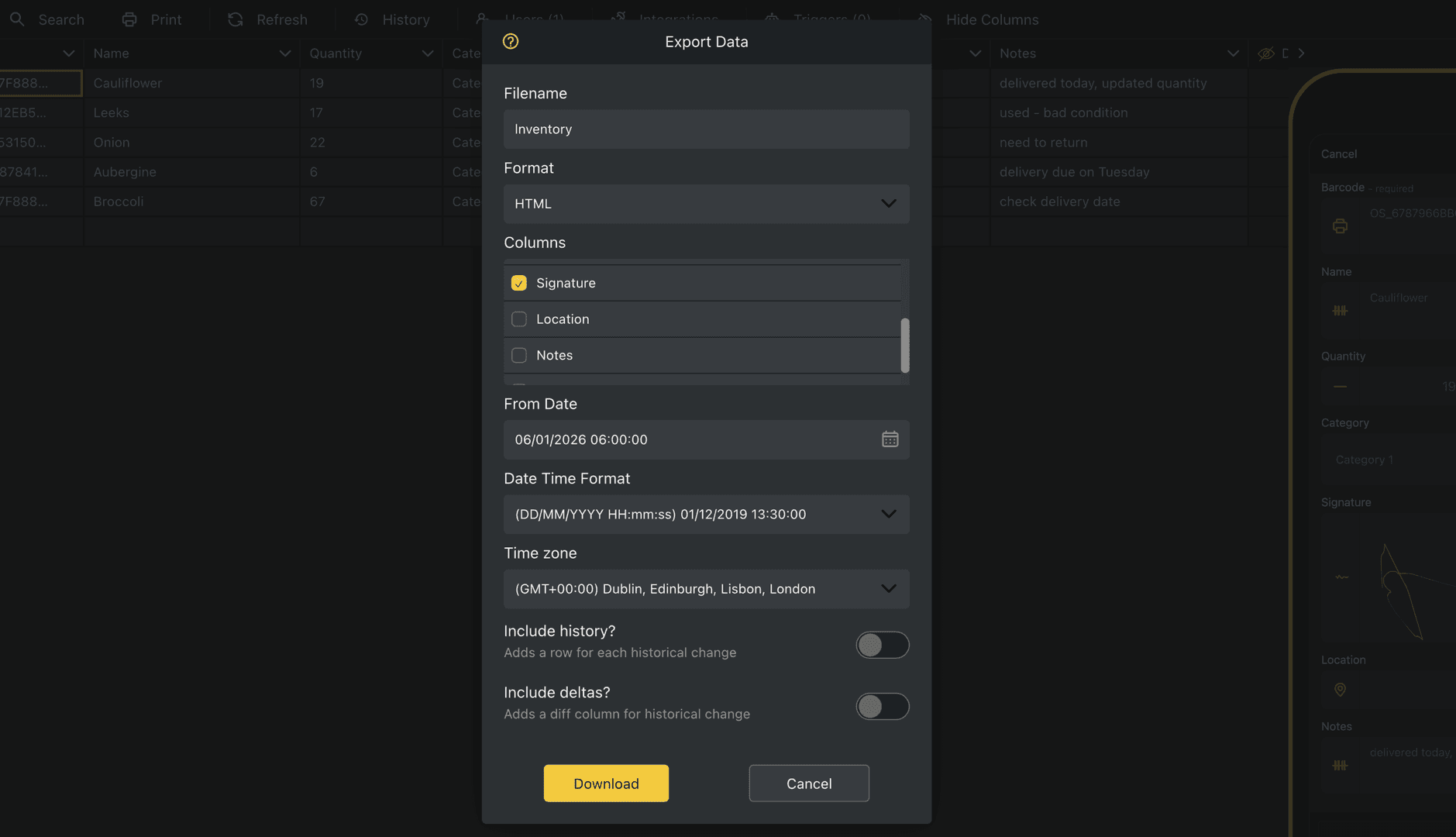 Export Data dialog showing the ability to export signatures