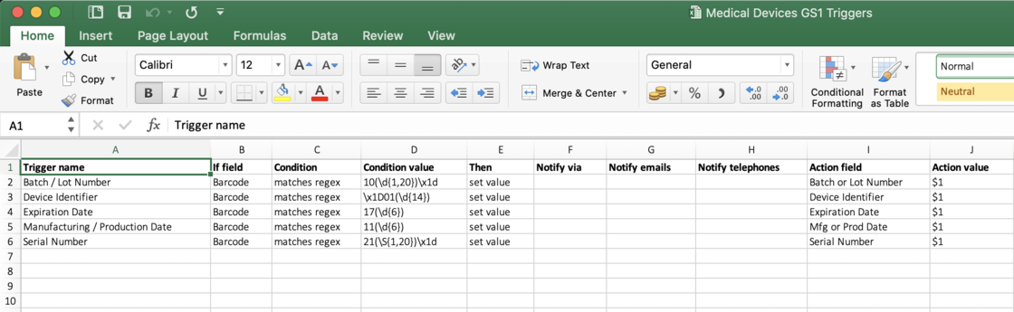 Triggers used to extract data from GS1 barcodes, exported to Excel 