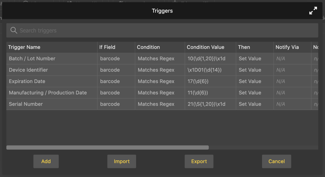 Triggers used to extract data from GS1 barcodes into separate fields