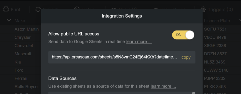 Activate the Public URL access and copy the Live Date URL to the clipboard