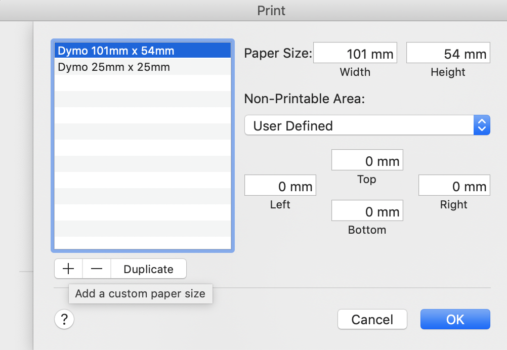 Add specified size, remove all non-printable areas (you can adjust this later if needed) and name it.