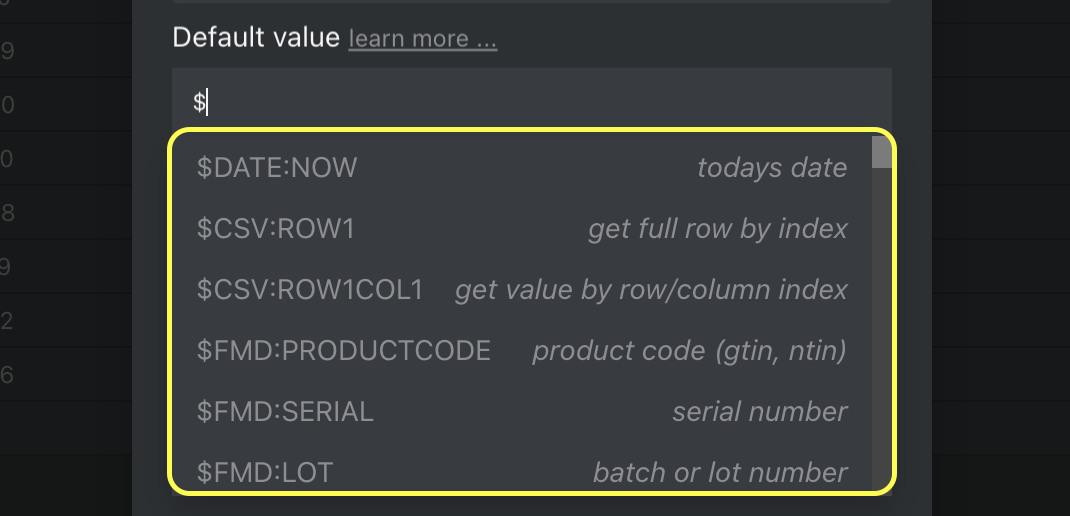 An example of a ‘Default value with variable list’.