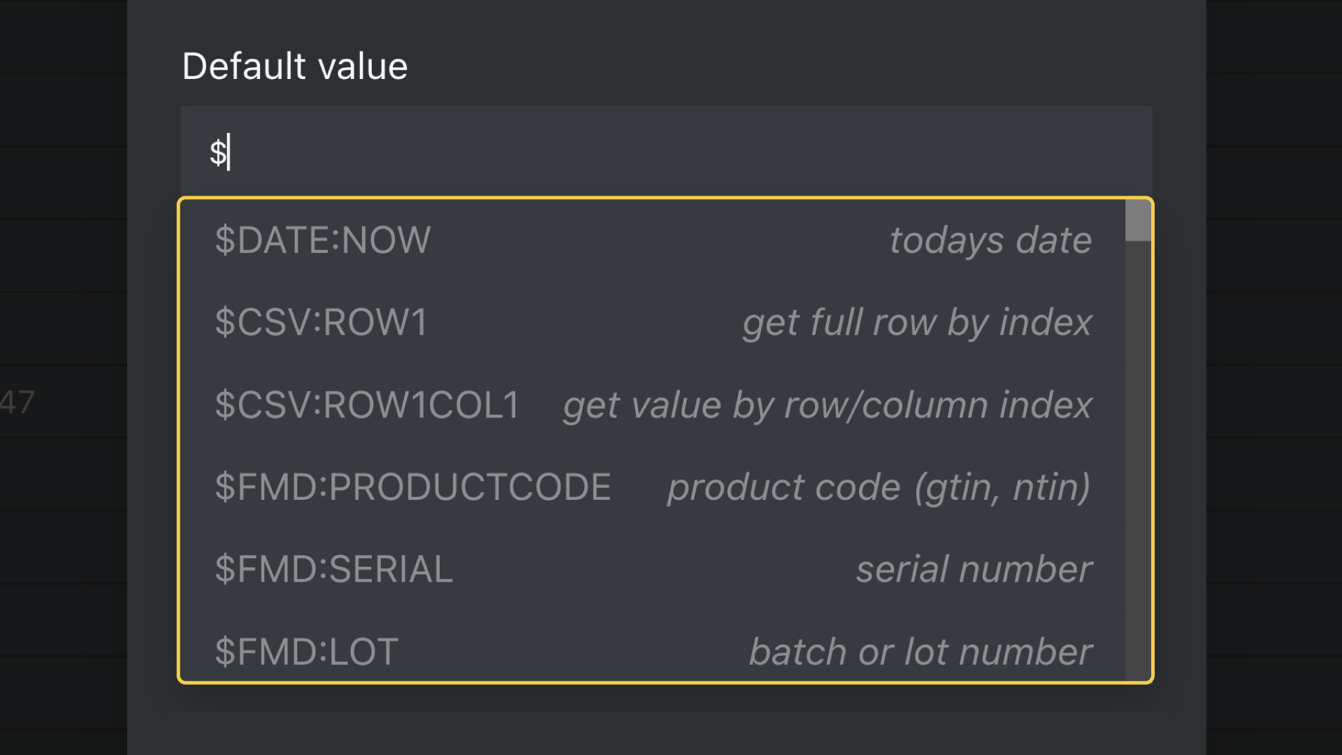 An example of a ‘Default value with variable list’.