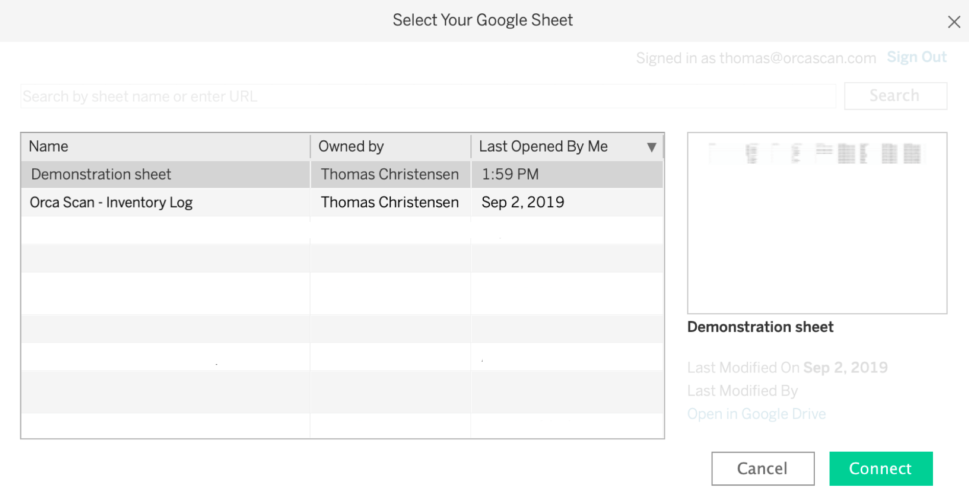 Choose the Google Sheet with your Orca Scan data in it and click 'Connect'. 