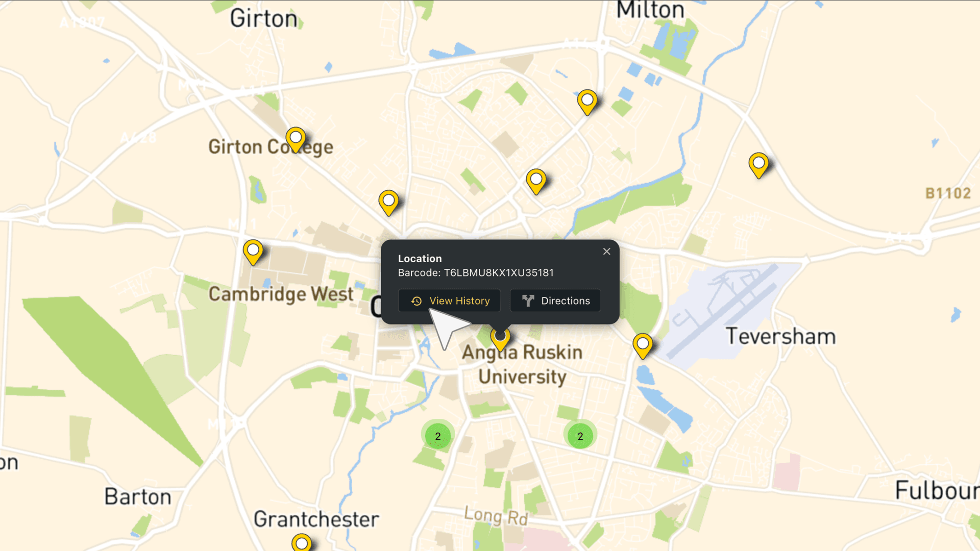 Click a map pin to see details of your asset journey