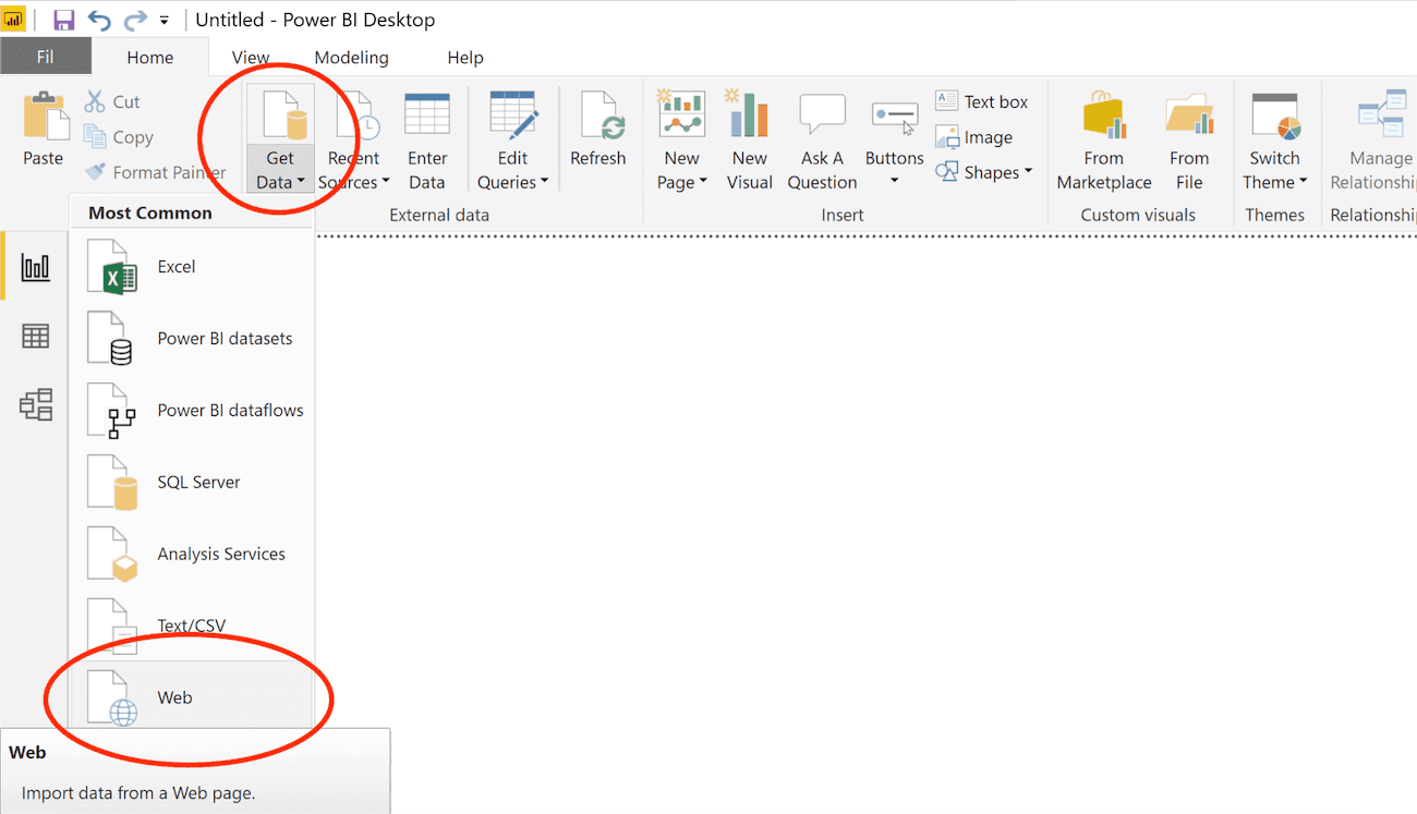 Click on 'Get Data' and select the 'Web' option