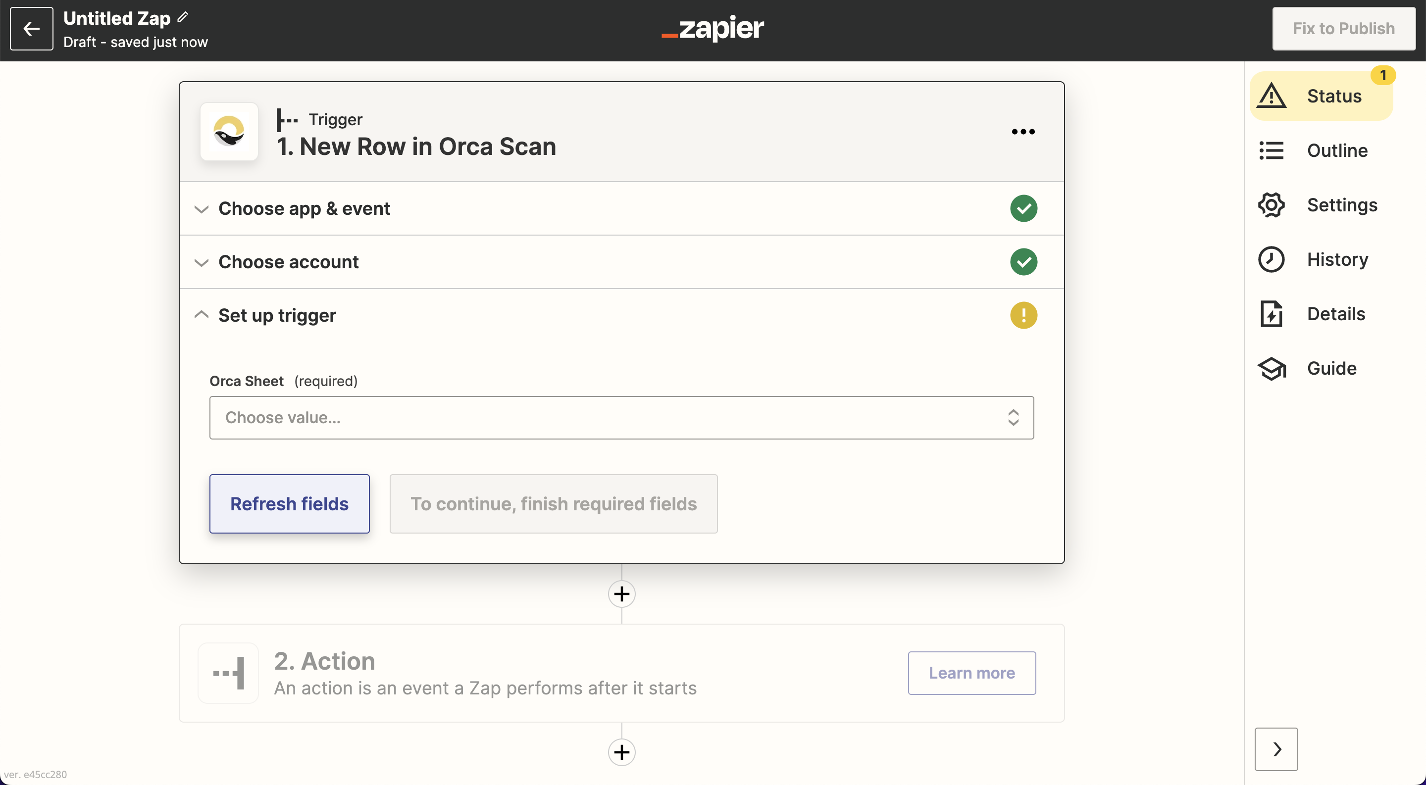 Click ‘Refresh fields’ to refresh the list of Orca Scan sheets.