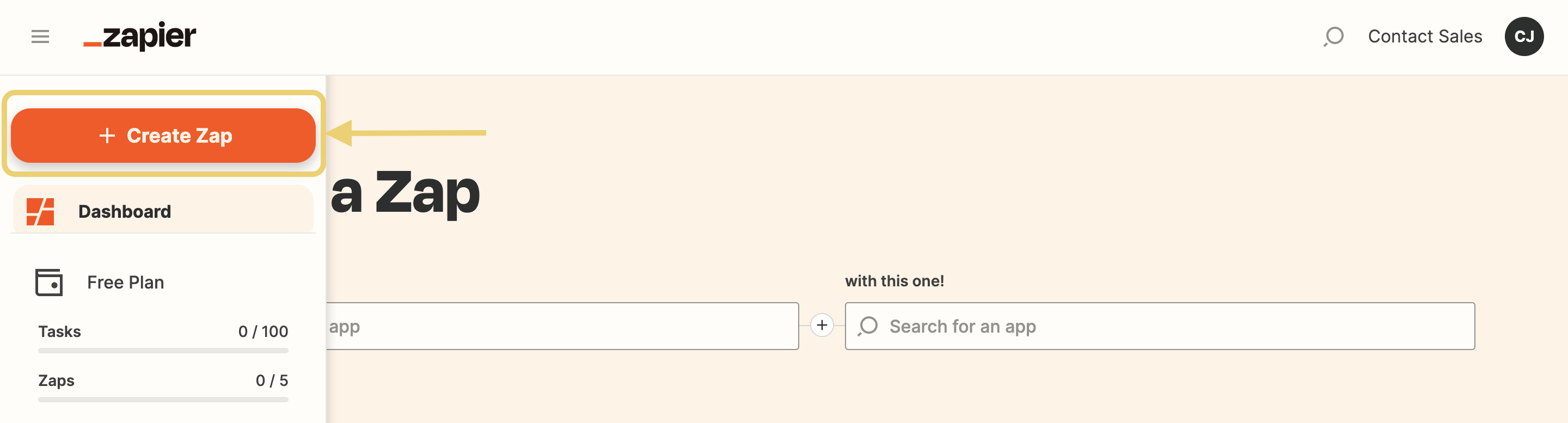 Click the ‘Create Zap’ button from the Zapier dashboard side menu.