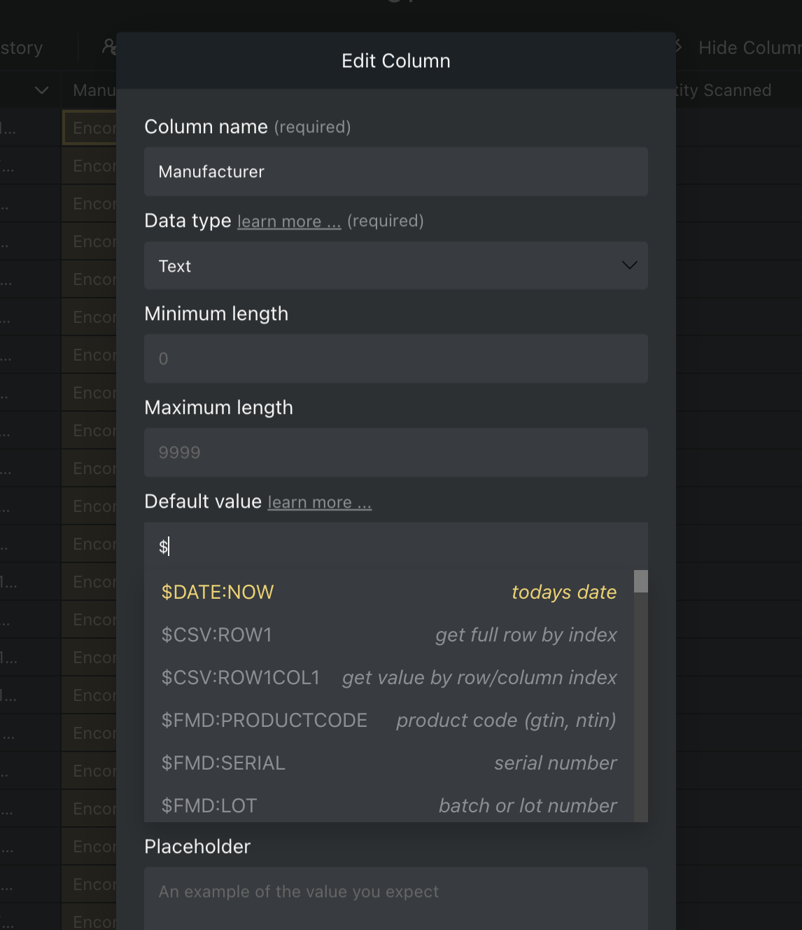 Default value inside the add column dialogue