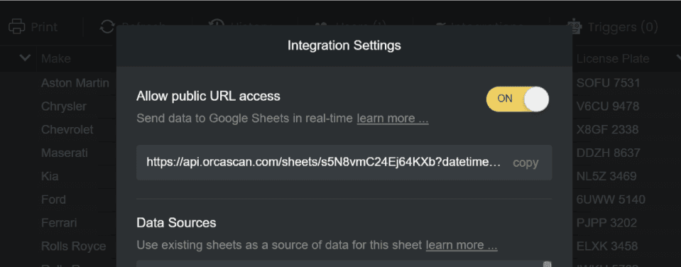 Enable public URL access and copy the Live Data URL to the clipboard