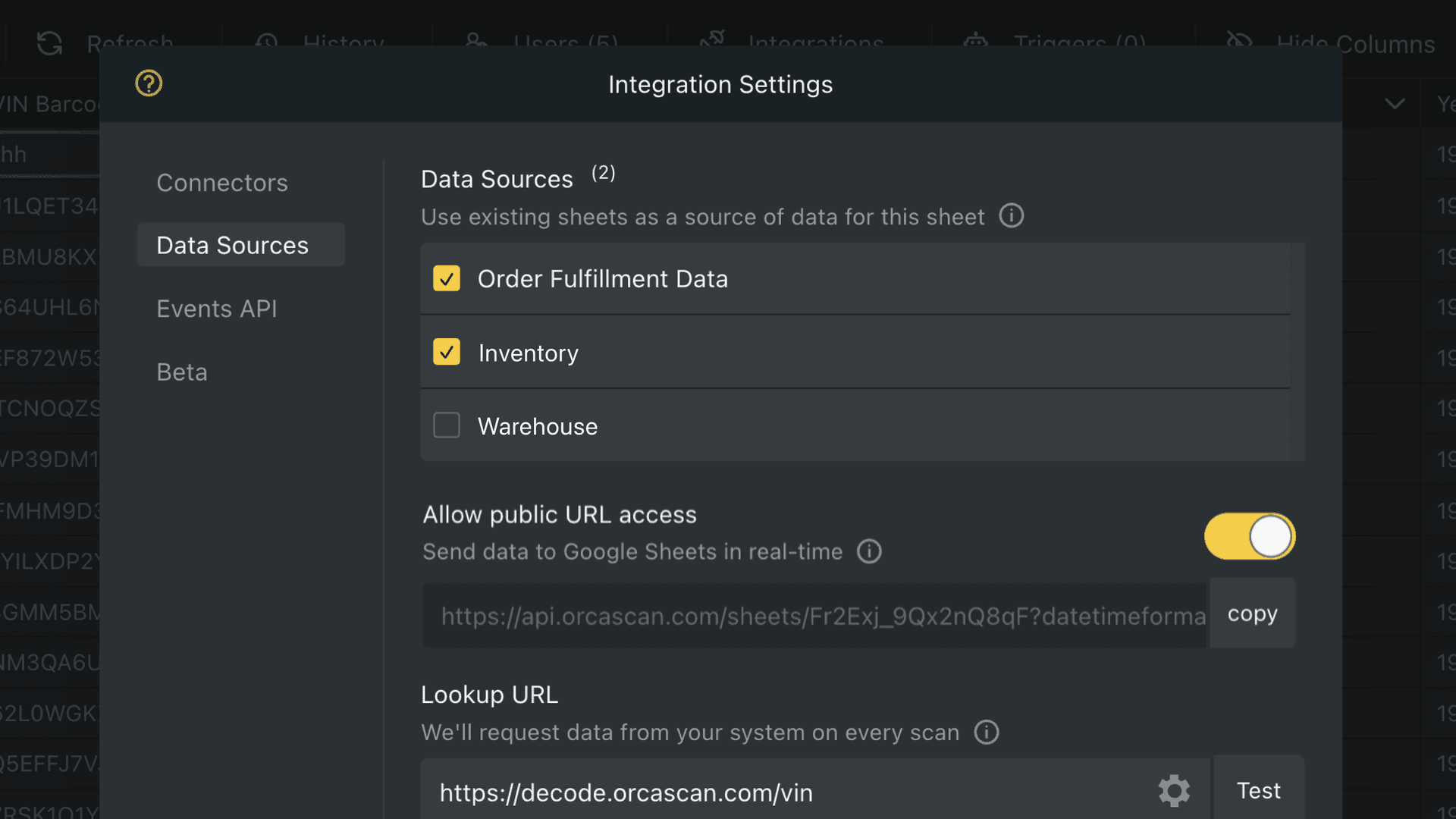 Enable Public URL access and copy the Live Data URL to the clipboard