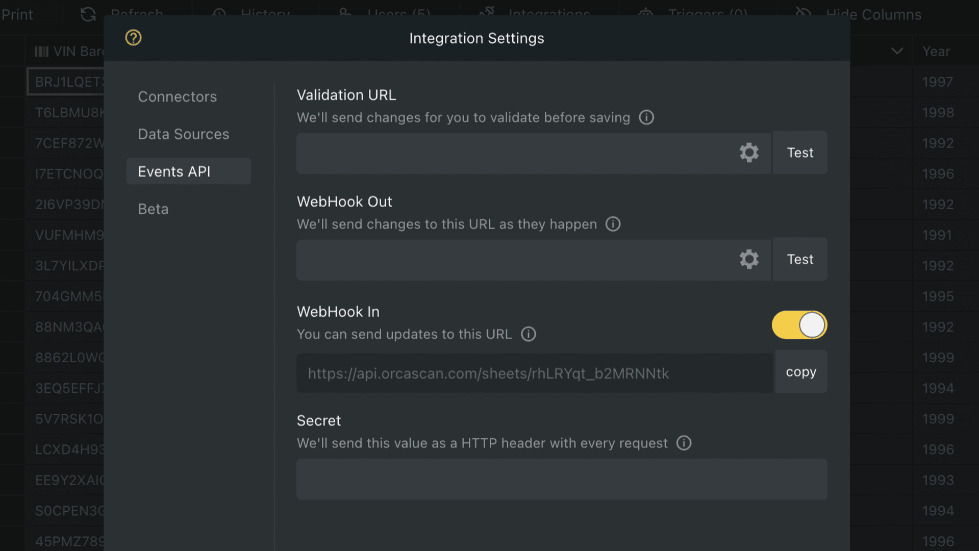 Enable WebHook In access by turning the toggle 'on'