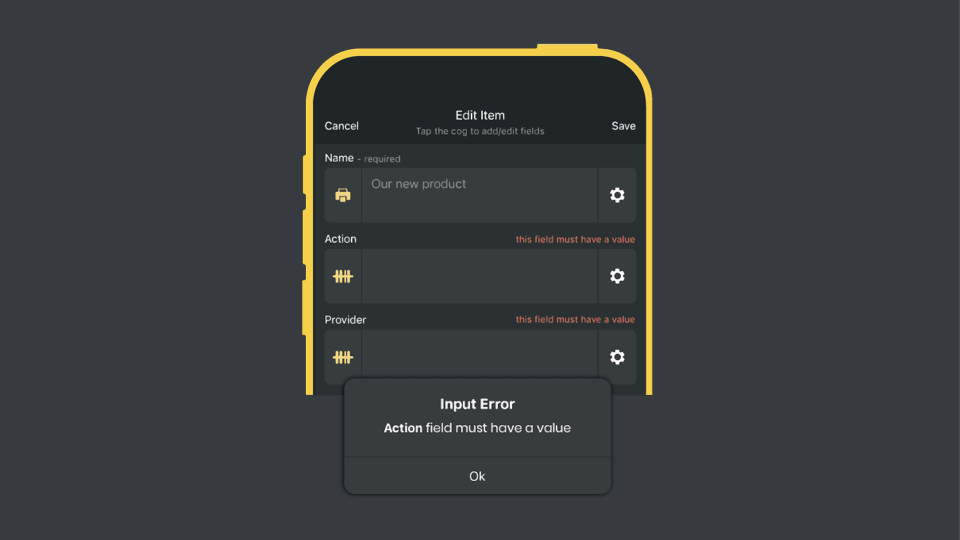 Example of an error message for required fields