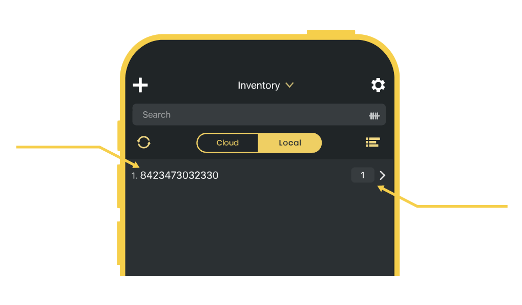 Example of barcode and quantity in mobile list.