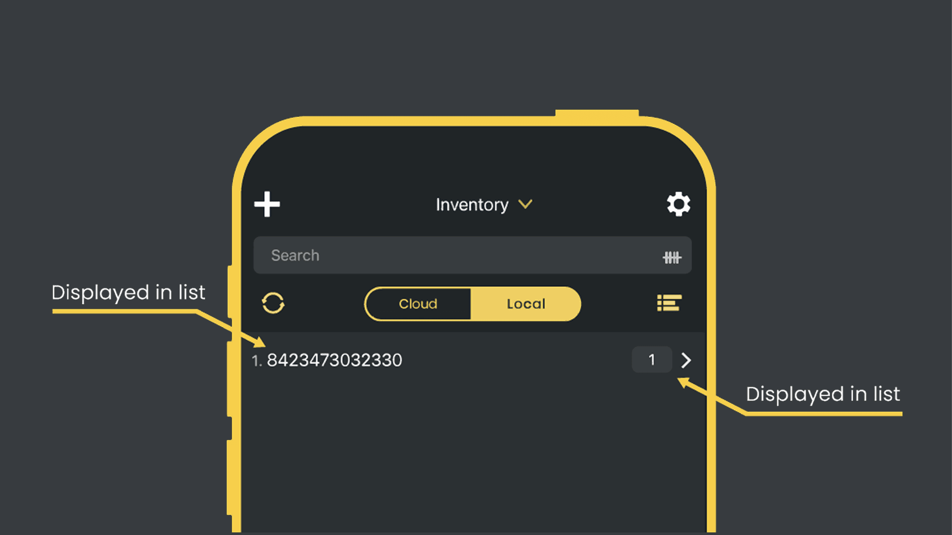 Example of barcode and quantity in mobile list