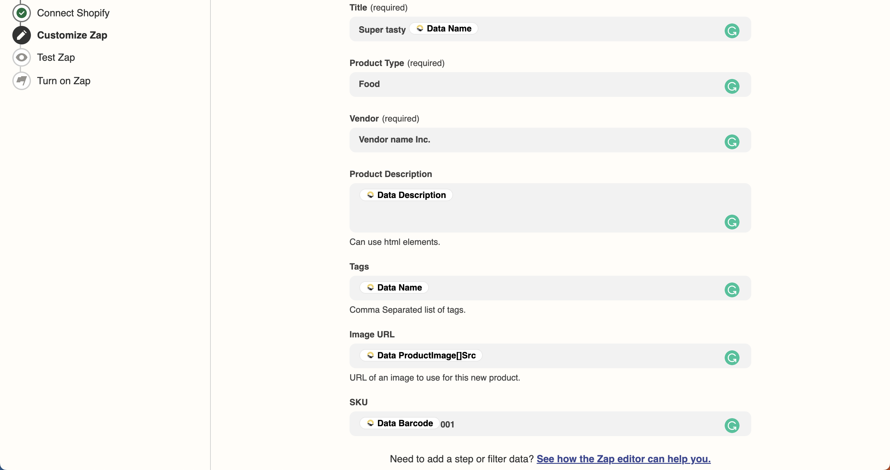 Examples of different Orca Scan data fields, text and numbers populating the Shopify product fields.