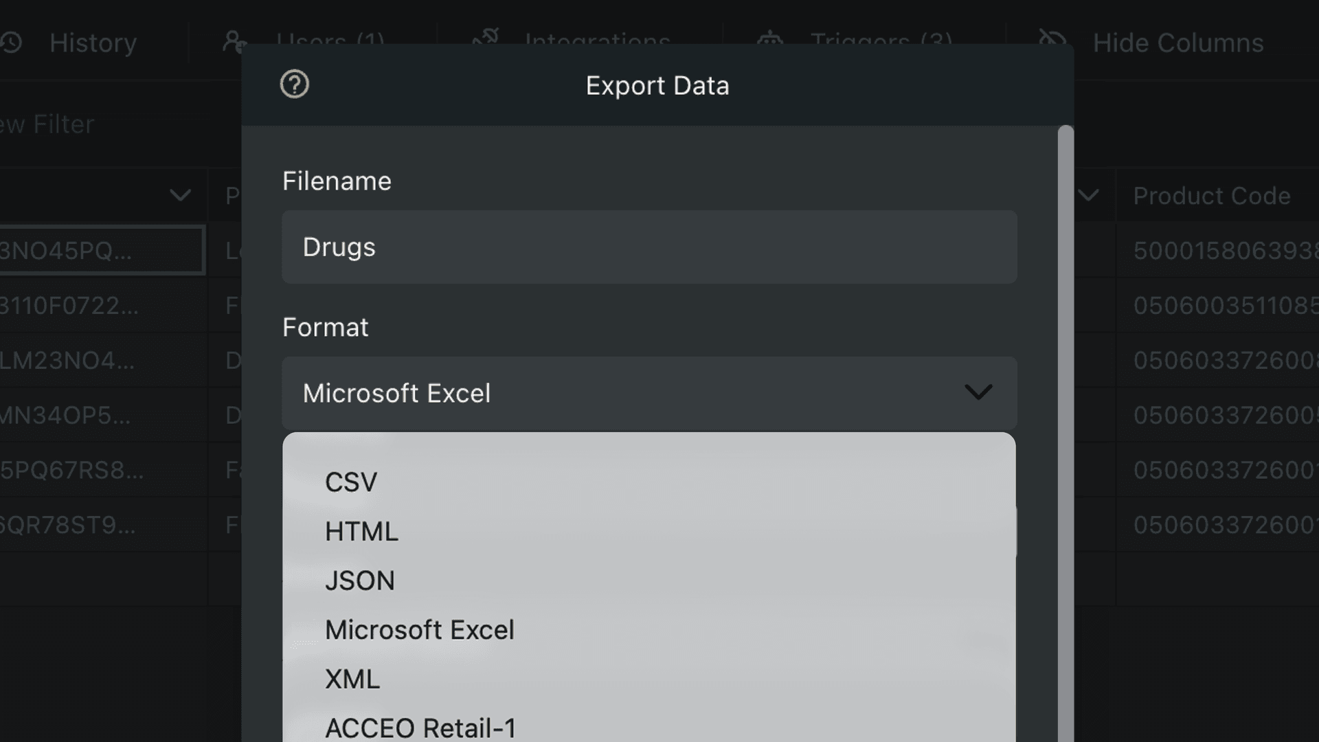 Export your data in Excel, CSV, JSON, XML, HTML and more