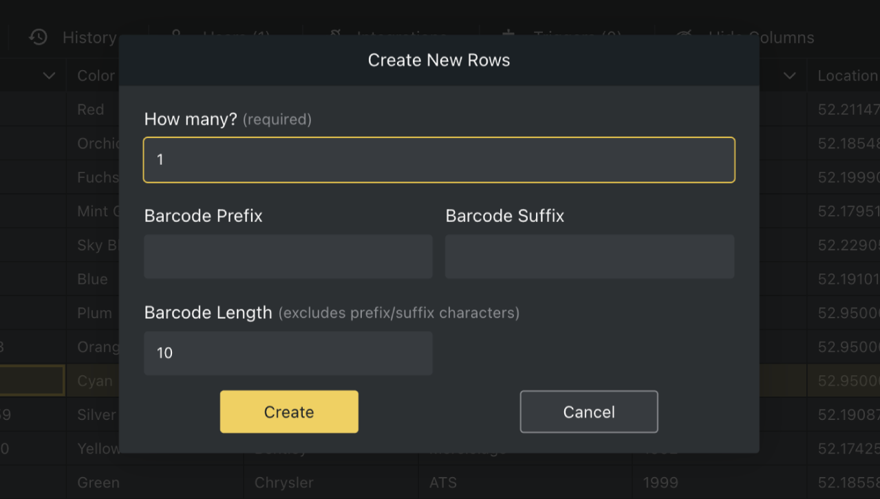 Generate a number of barcodes with unique a prefix and suffix 