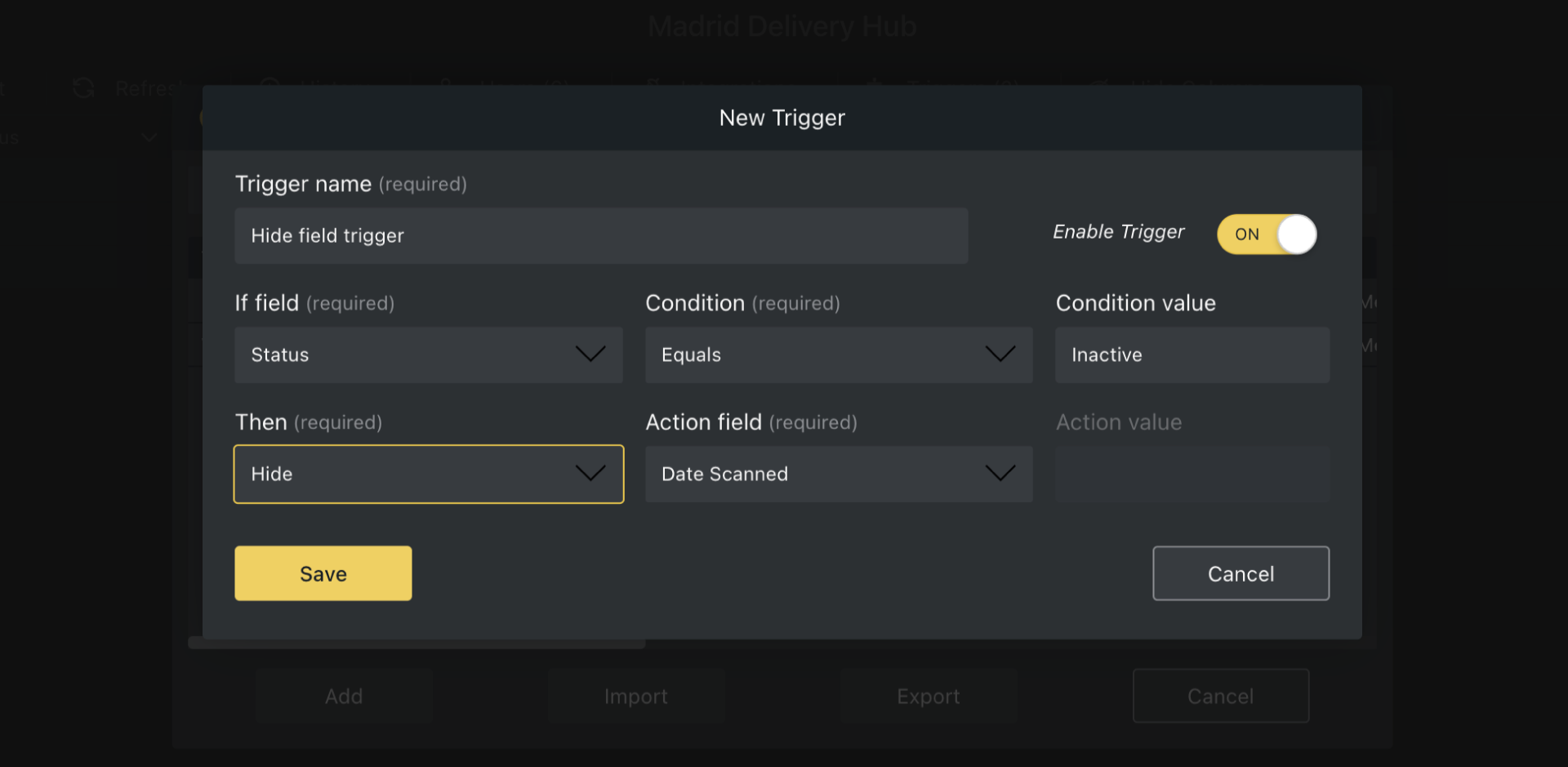 Hiding a column conditionally using triggers.