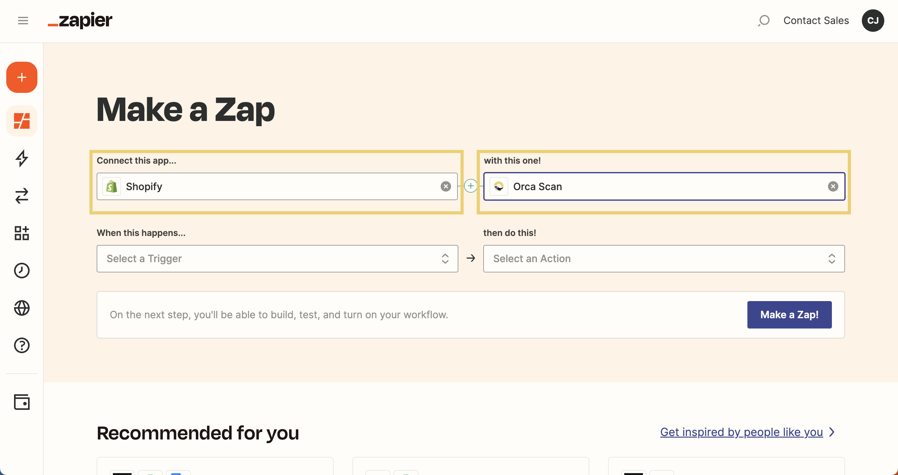 How to select Shopify as the trigger (on the left), and how to tell Orca Scan to perform the action (on the right).