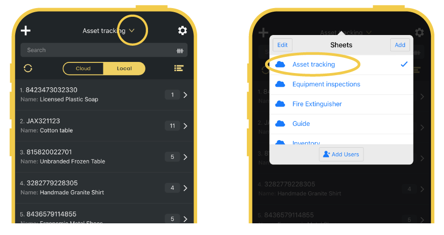 How to switch sheets in the Orca Scan mobile app