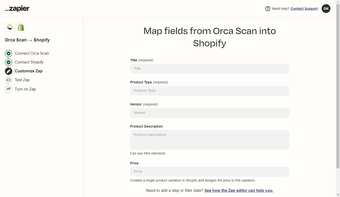 Map your data fields from Orca Scan to Shopify.