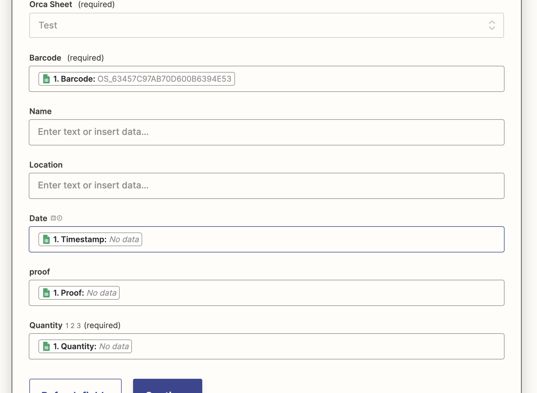 Match up the corresponding columns between Google Sheets and Orca Scan.