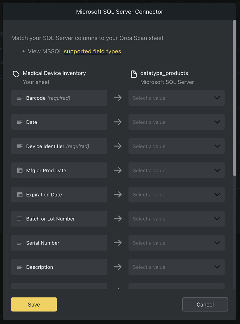 Mssql connector field mapping