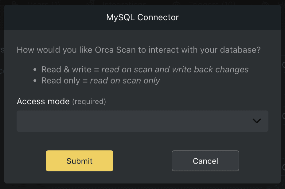 Mysql connector access mode
