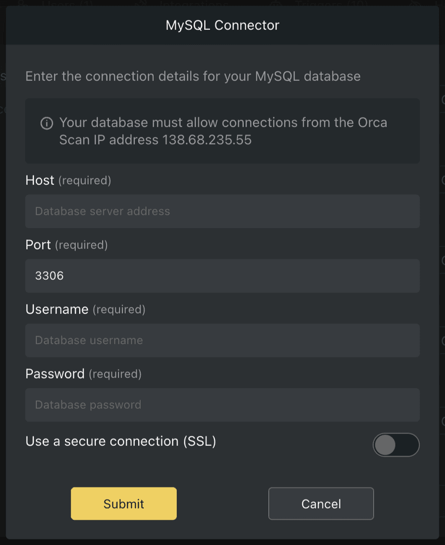 Mysql connector connection details