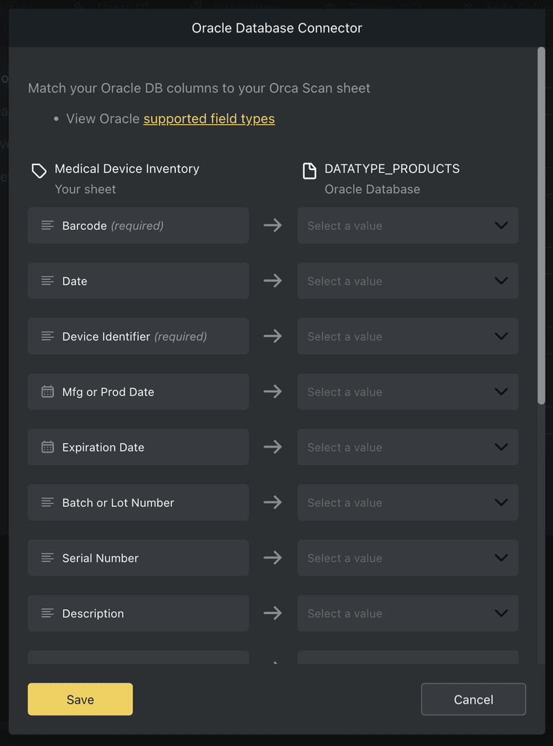 Oracle connector field mapping