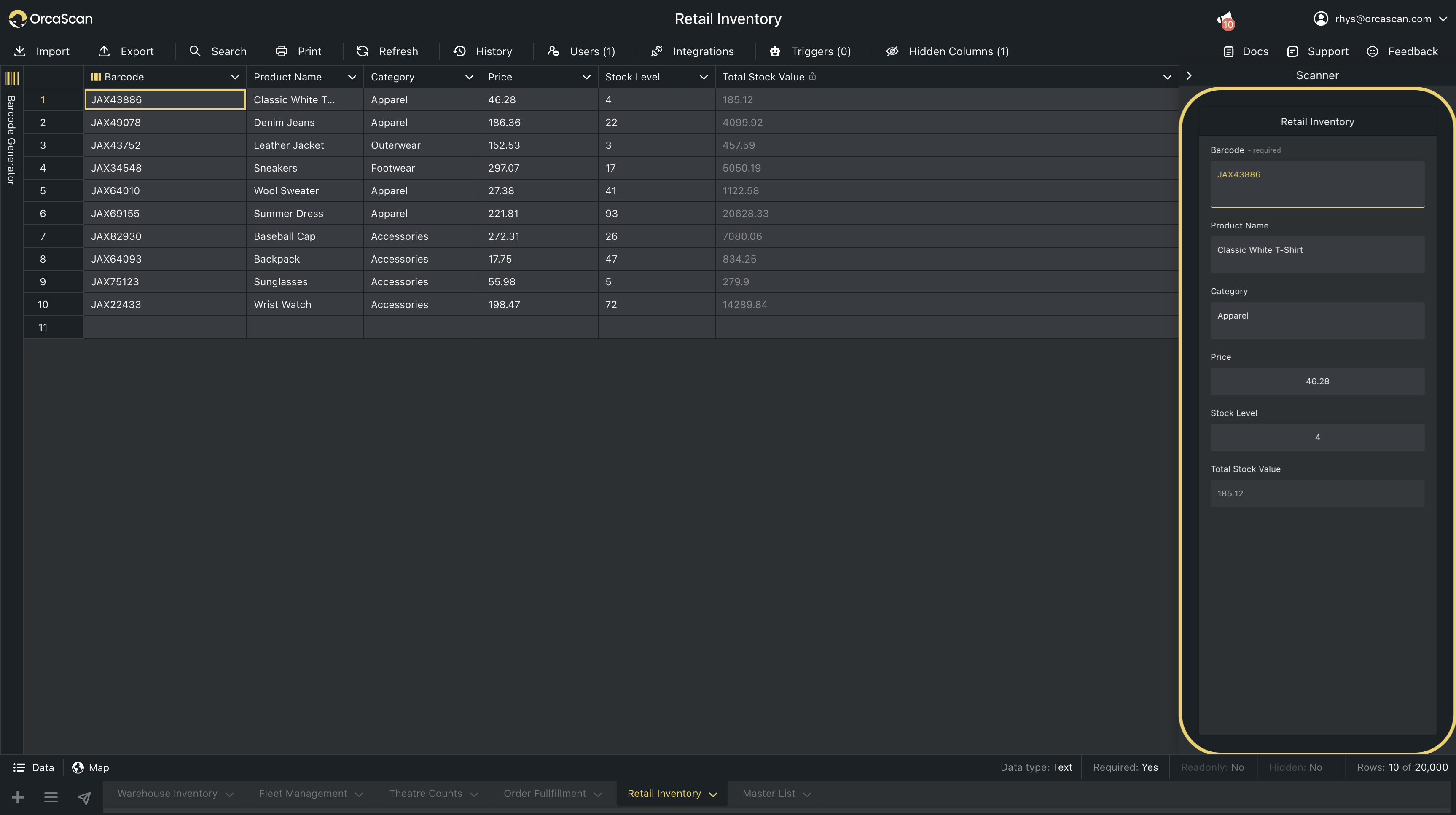 Orca Scan's intuitive web interface for managing barcode data across your organisation.