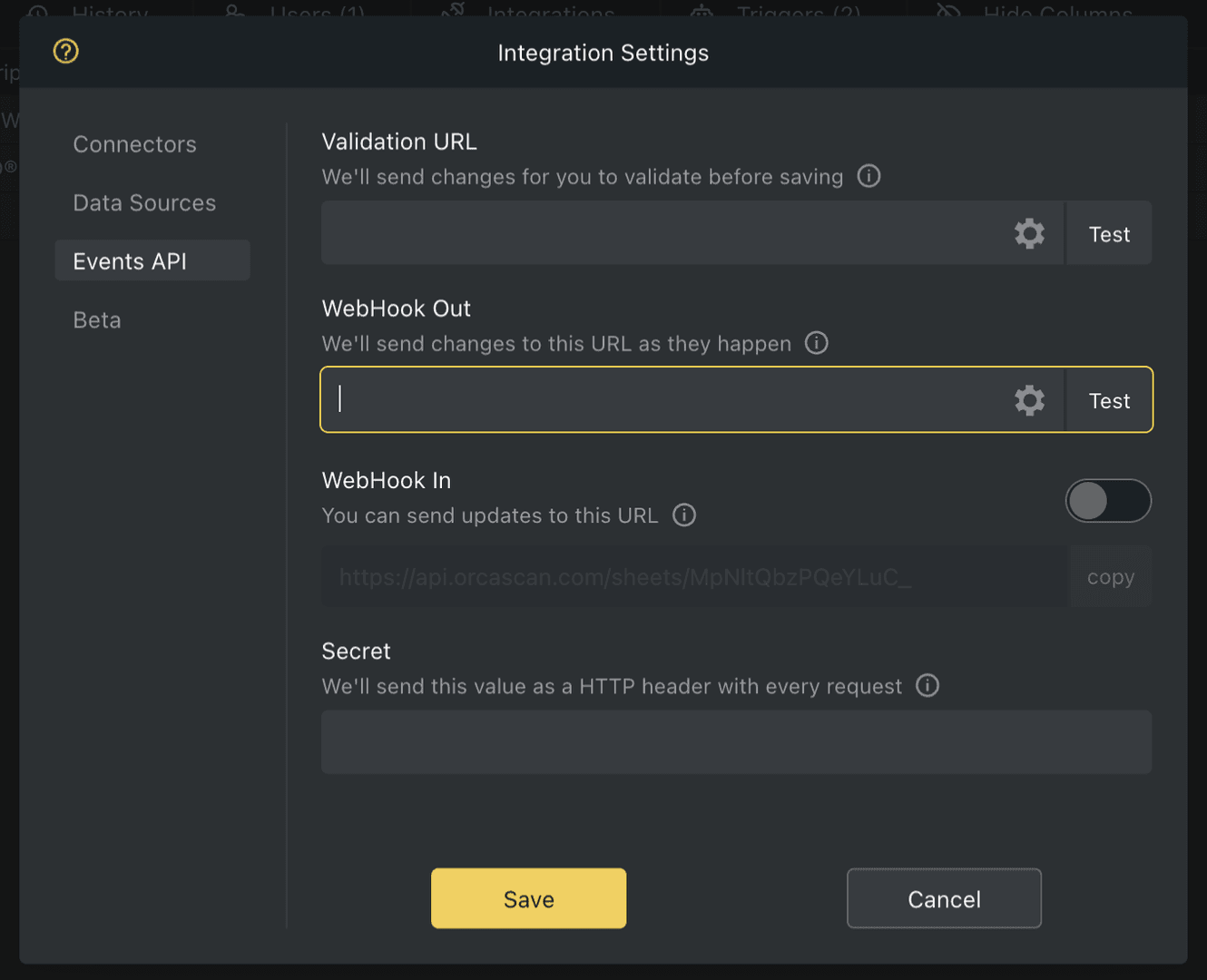 Orca scan set webhook out url