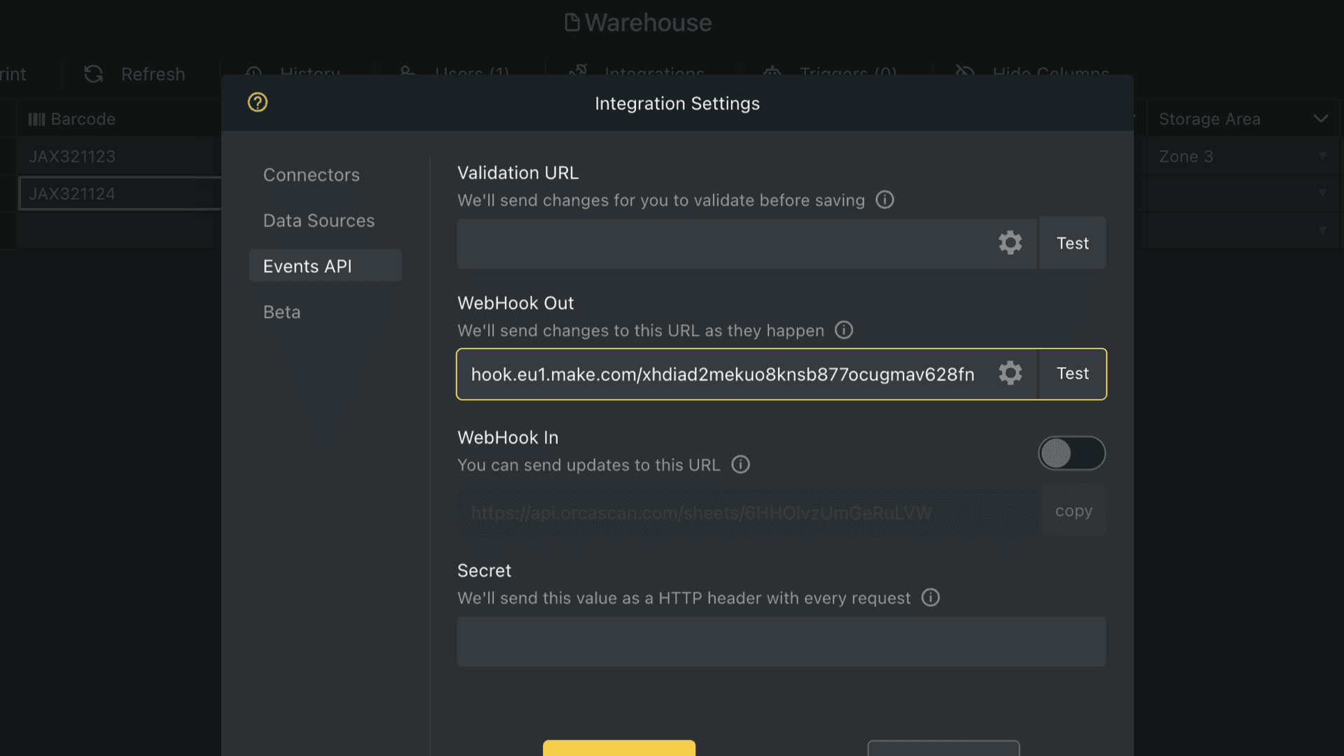 Paste the copied webhook URL from Make into the WebHook Out field and test