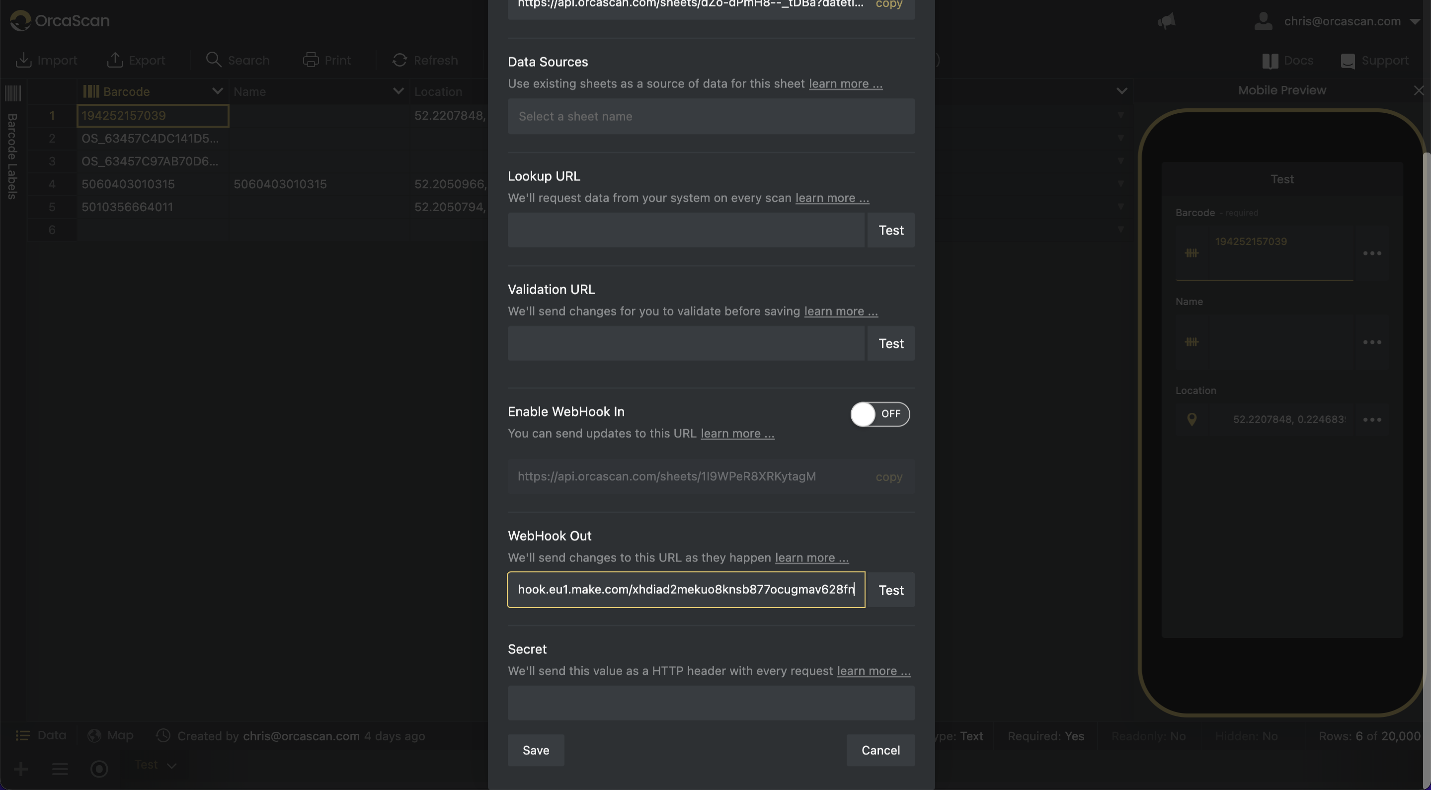 Paste the copied webhook URL from Make into the ‘WebHook Out’ field and test.