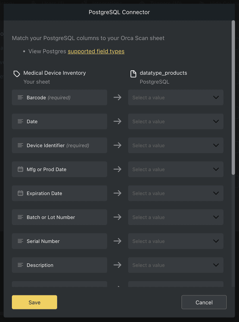 Postgres connector field mapping