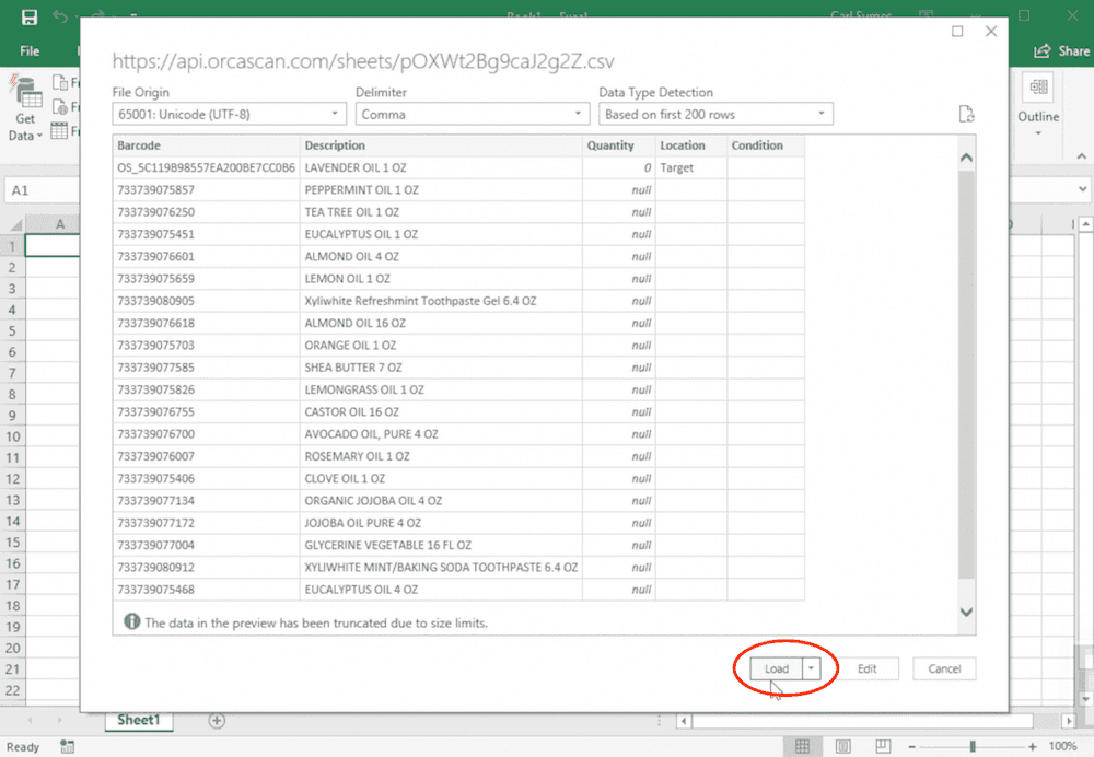 Review the data and click load