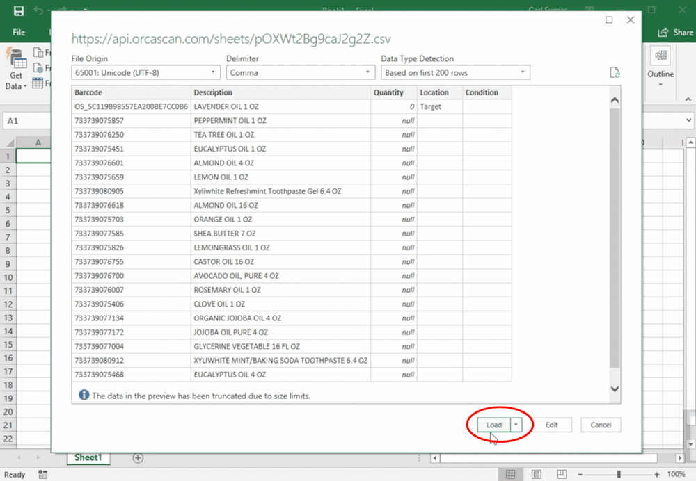 Review the data and click load