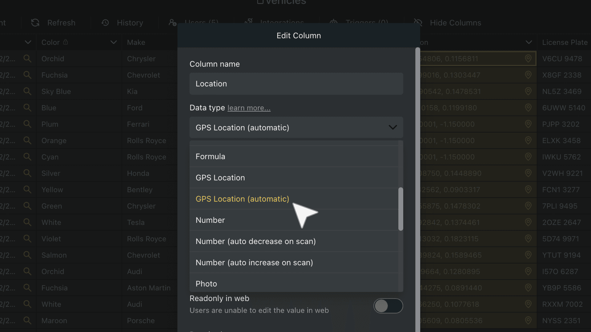 Select column data type to either GPS Location (Automatic) or GPS Location