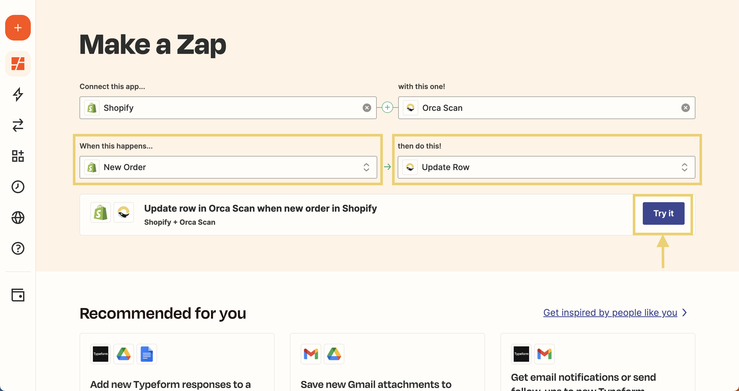 Select the “New Order” as a Shopify trigger on the left and the “Update Row” as an Orca Scan action on the right.