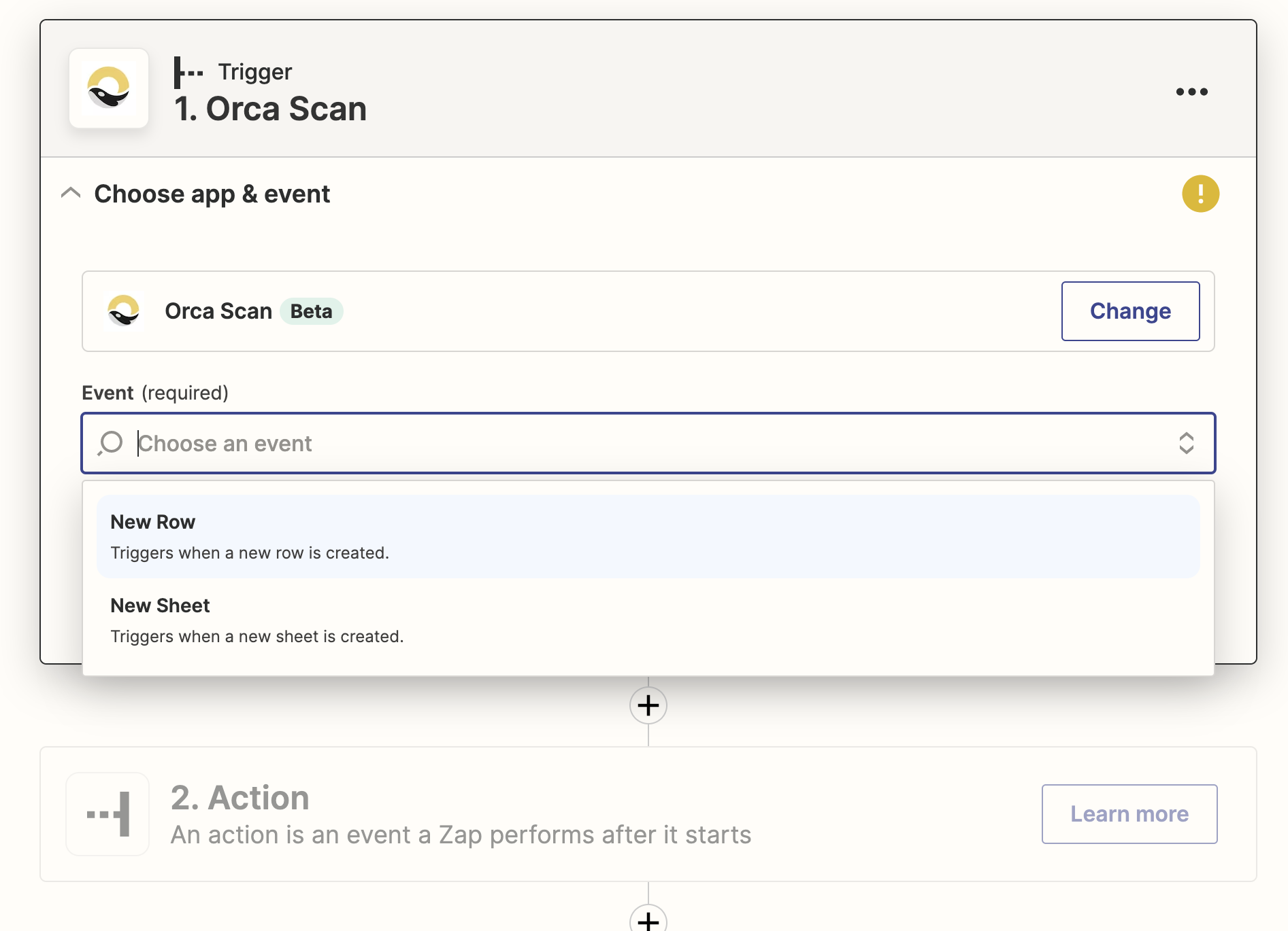 Select the “New Row” as the Orca Scan trigger event.